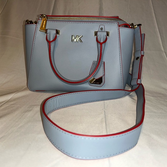 Michael Kors Handbags - Michael Kors Nolita medium satchel in pale blue leather with red piping NWOT